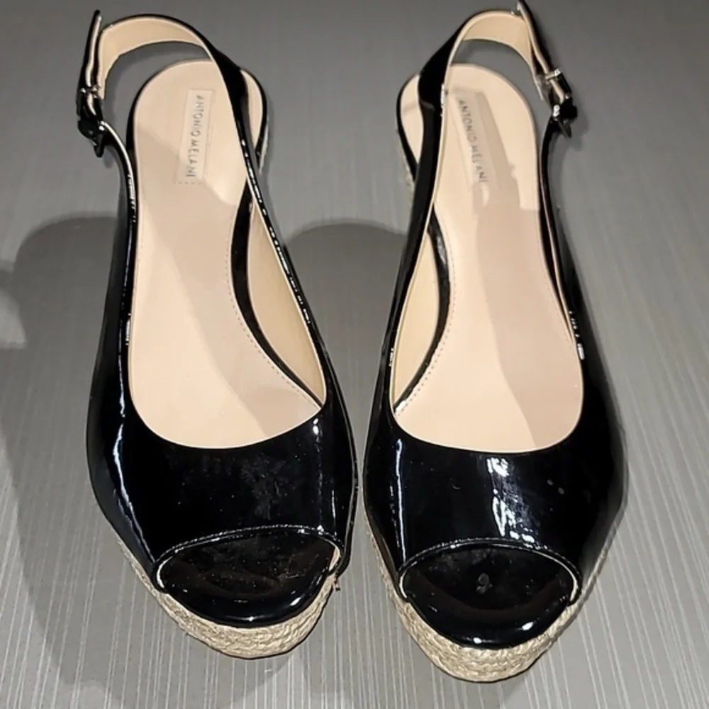 ANTONIO MELANI Sleak Black Peep Toe Rope Wedge Heels Women's 8.5 NWOT‎